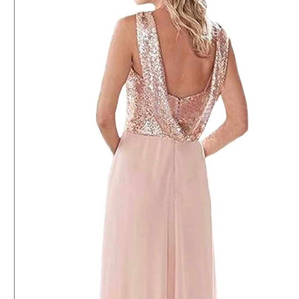 Rose Gold Prom Dress, Long Sequined, Sweetheart Chiffon Formal Wedding Pro - Picture 3 of 8